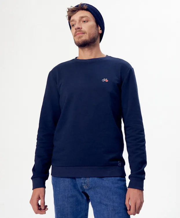Sweat Basile Vélo brodé bleu en coton bio - La Gentle Factory - Made in France