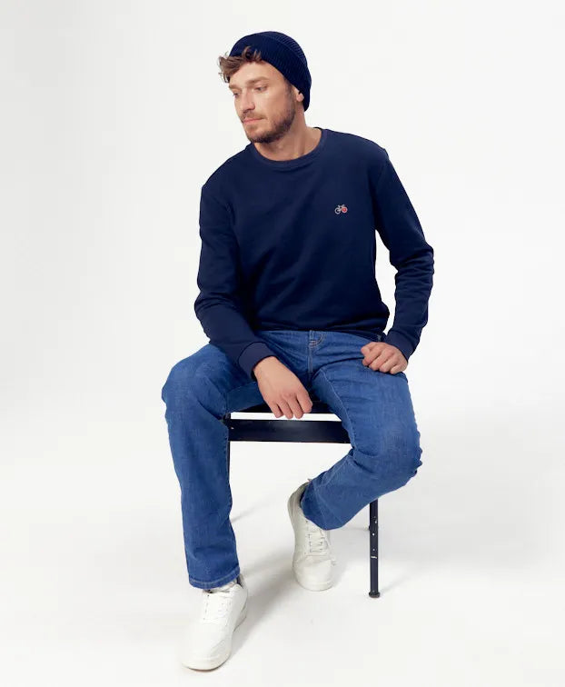Sweat Basile Vélo brodé bleu en coton bio - La Gentle Factory - Made in France