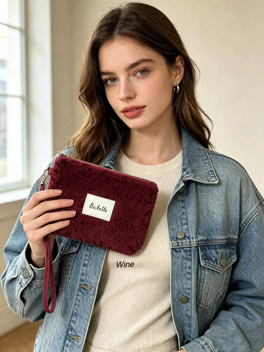 Pochette femme teddy étiquette Bichette + poignée amovible