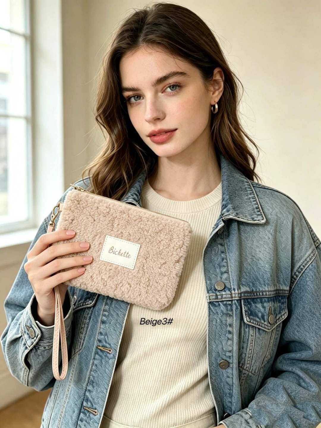 Pochette femme teddy étiquette Bichette + poignée amovible