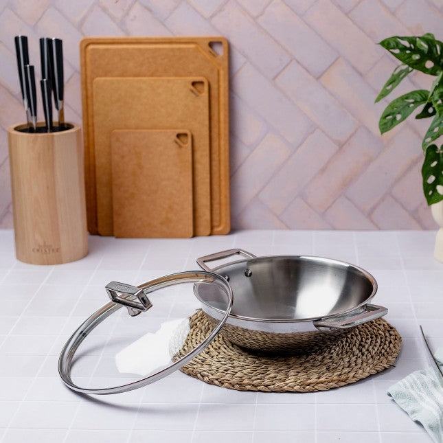 Wok en inox Ø28 cm, 2 anses fixes, avec couvercle en verre