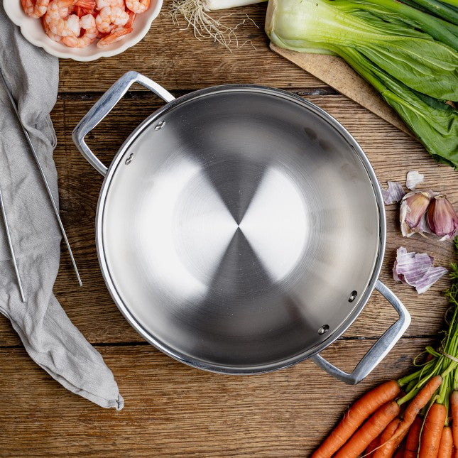 Wok en inox Ø28 cm, 2 anses fixes, avec couvercle en verre