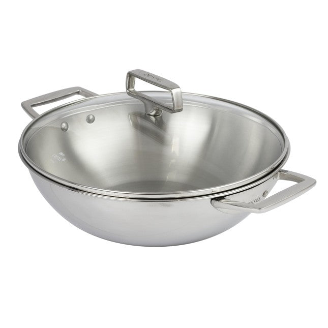Wok en inox Ø28 cm, 2 anses fixes, avec couvercle en verre