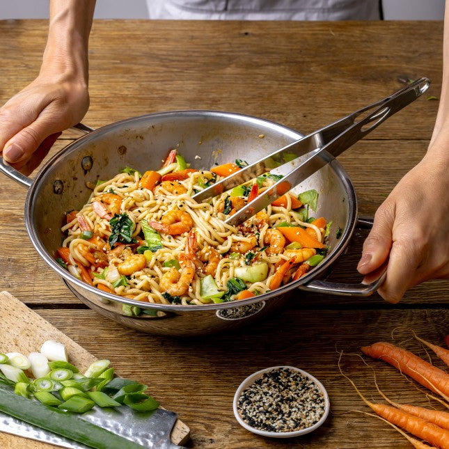 Wok en inox Ø28 cm, 2 anses fixes, avec couvercle en verre