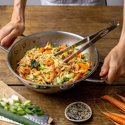 Wok en inox Ø28 cm, 2 anses fixes, avec couvercle en verre